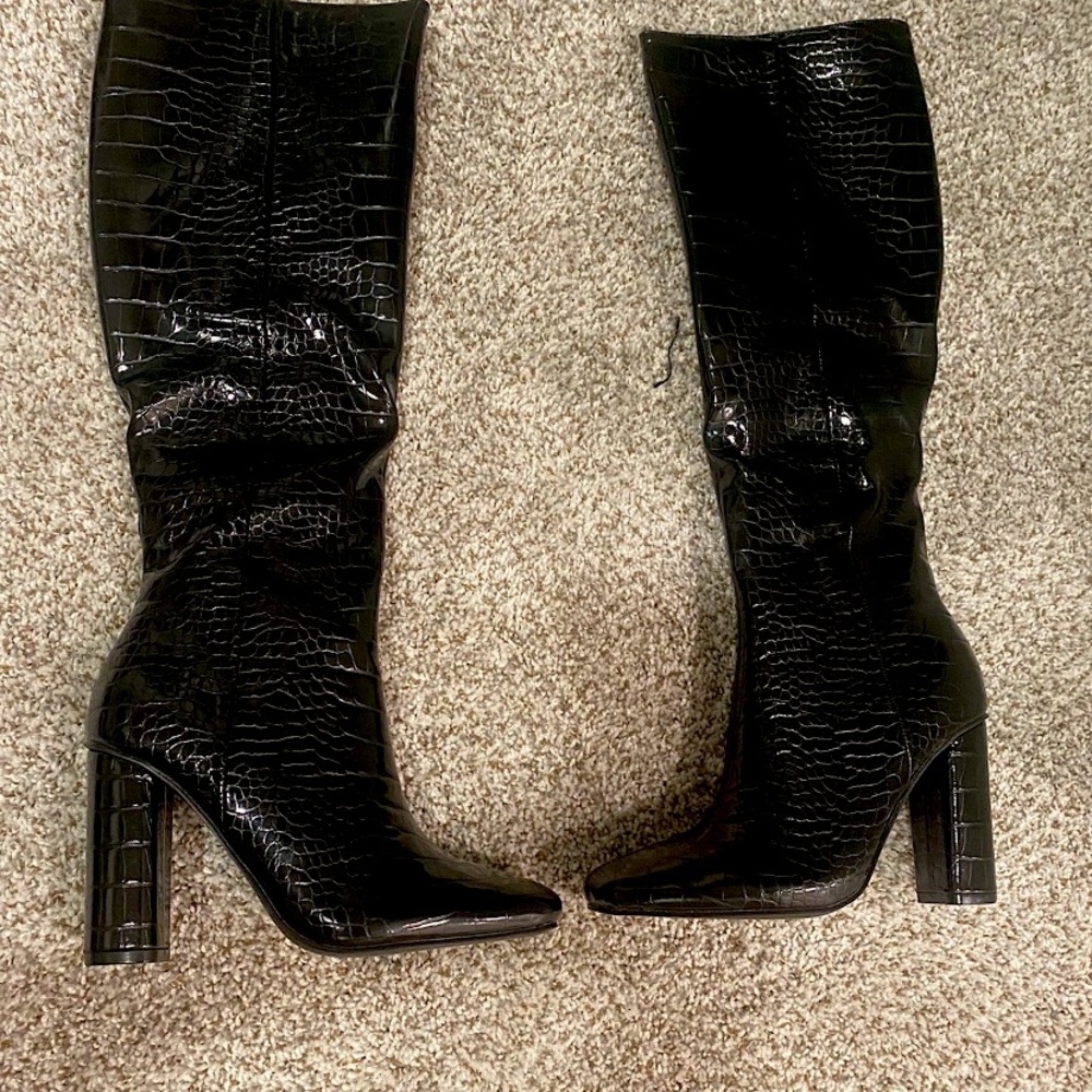 PLT Croc print knee high black boots